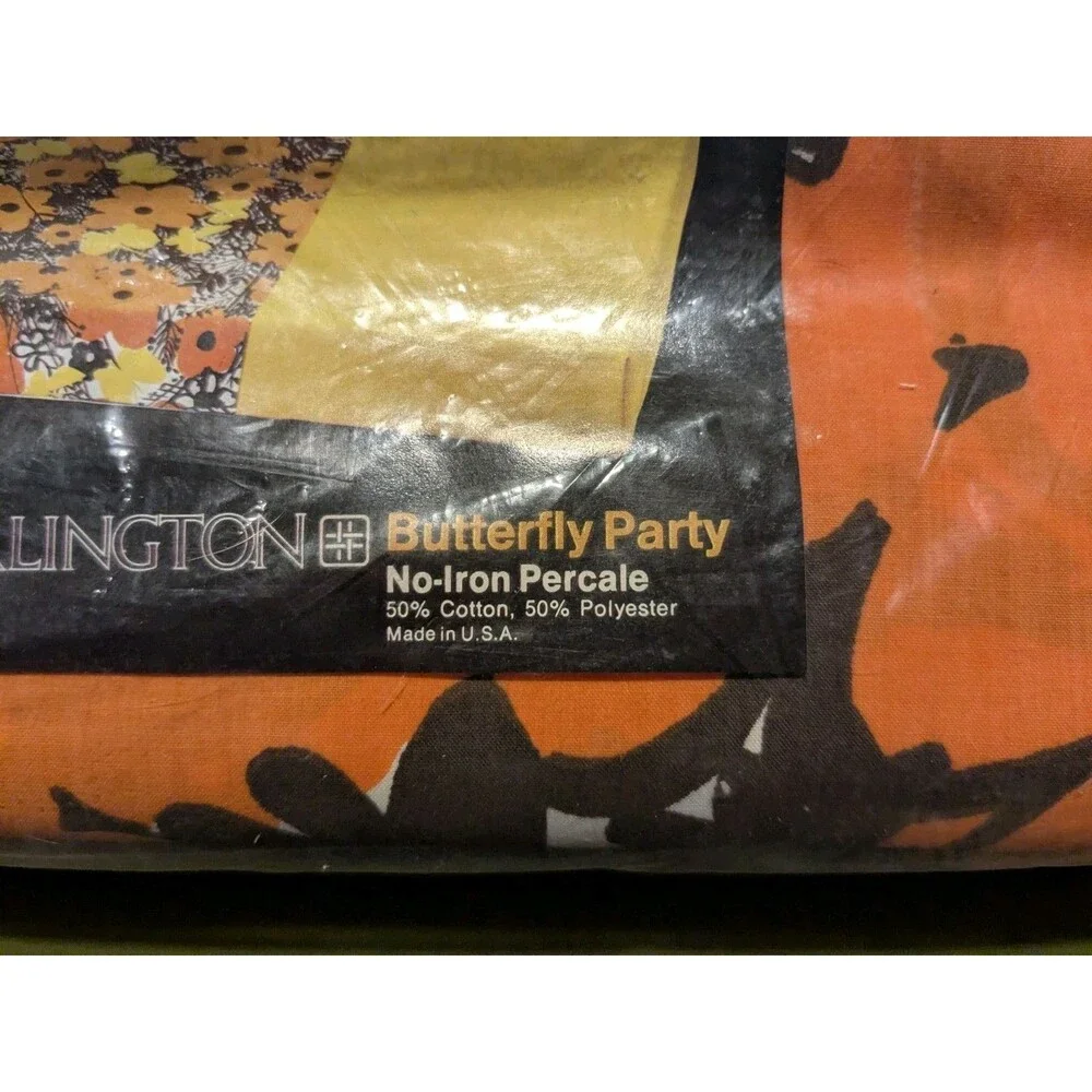NIP VTG Burlington Vera Neumann Butterfly Party Queen Sheet Brown Orange Flat